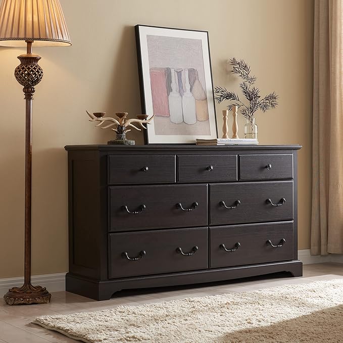 T4TREAM 7 Drawers Dresser Chests for Bedroom, Wood Vintage Chests of Drawers, Rustic Dressers Chset Organizer for Bedroom, Living Room, Hallway, Espresso-Ruum Studio Home