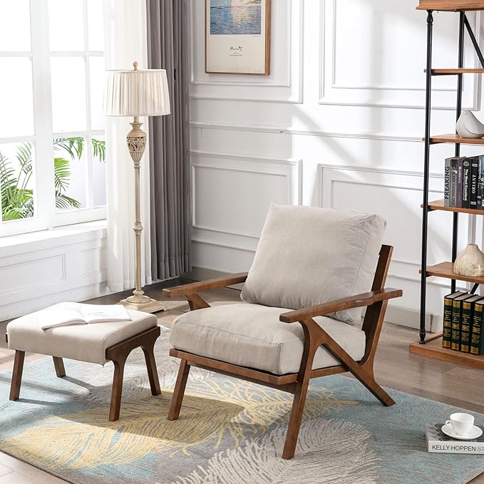 Wahson Mid Century Arm Chair and Ottoman Set, Upholstered Accent Armchair with Wood Frame and Canvas Cushions, Leisure Slipper Chair for Living Room/Bedroom, Beige-Ruum Studio Home