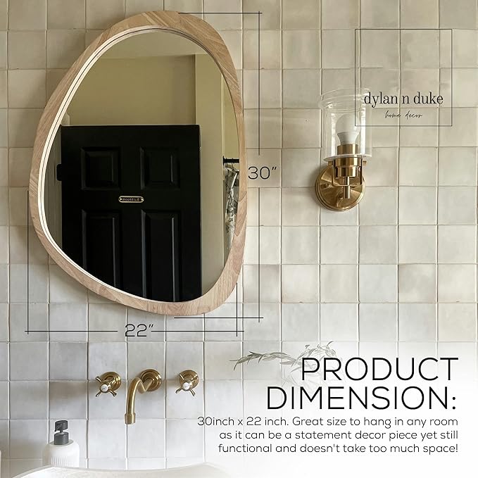 Irregular Wood Frame Boho Mirror - Large Wall Mounted Accent, Asymmetrical, Modern Aesthetic Wall Decor for Bedroom, Entryway, Living Room, Bathroom (Natural)-Ruum Studio Home