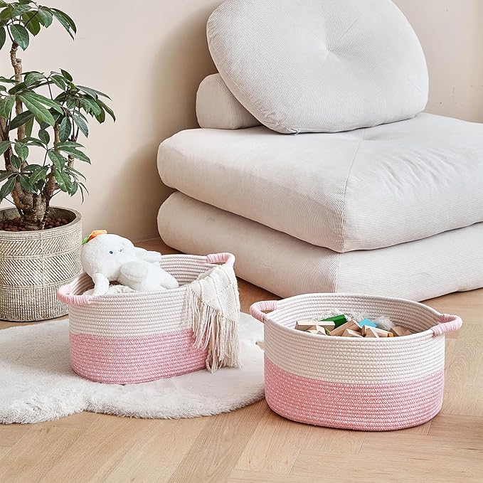 Storage Baskets for Organizing | 15"x10.2"x9.1" - 1 Pack Nursery Bin with Handles - Woven Cotton Rope Baskets for Dog Toys, Books, Shelf, Bathroom,Closet -Pink Basket for Girls-Ruum Studio Home