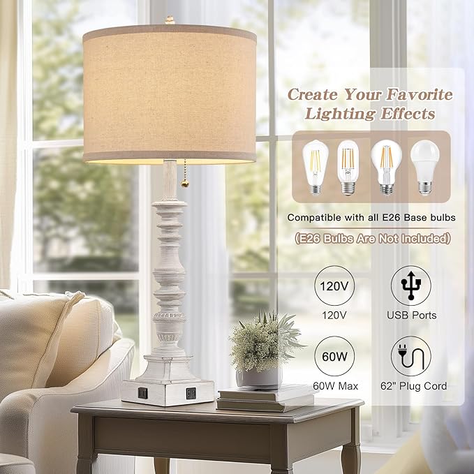 Farmhouse Table Lamps for Bedroom Set of 2, 29.5" Tall Rustic Bedside Lamp with USB Ports and AC Outlet, Vintage Nightstand Table Lamp for Living Room with Linen Drum Shade, White, Pull Chain-Ruum Studio Home