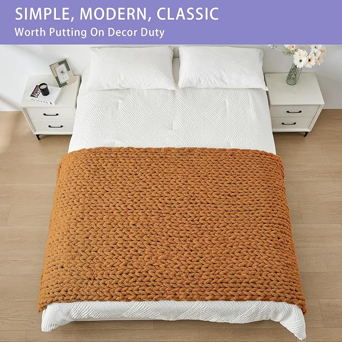 Bigacogo Chunky Knit Throw Blanket for Couch, 40x80 inches, 100% Hand Knitted with Thick Jumbo Chenille Yarn, Cozy Soft Large Rope Knot Cable Crochet Blankets for Sofa Bed Living Room, Burnt Orange-Ruum Studio Home