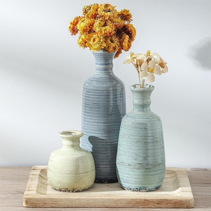 Ceramic Vase Set of 3, Rustic Neutral Vases Home Decor Farmhouse Decorative Flower Vase Modern Boho Pampass Vases for Table Mantel Entryway Shelf Living Room Kitchen Bathroom - Multicolor-Ruum Studio Home