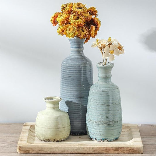Ceramic Vase Set of 3, Rustic Neutral Vases Home Decor Farmhouse Decorative Flower Vase Modern Boho Pampass Vases for Table Mantel Entryway Shelf Living Room Kitchen Bathroom - Multicolor-Ruum Studio Home