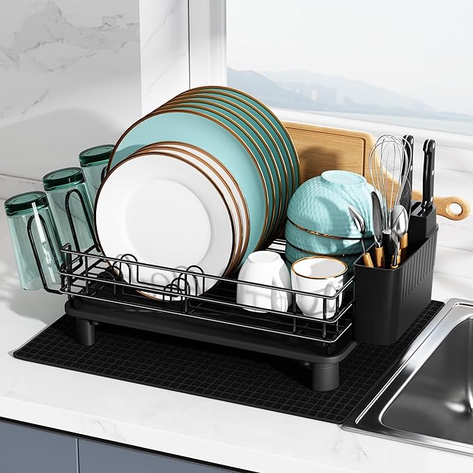Black Stainless Steel Dish Drainers Drying Rack for Kitchen Counter with Drainboard Set, Rust Proof Metal, Space Saving, Modern Aesthetic, Compact Plates Strainers with Extra Mat-Ruum Studio Home