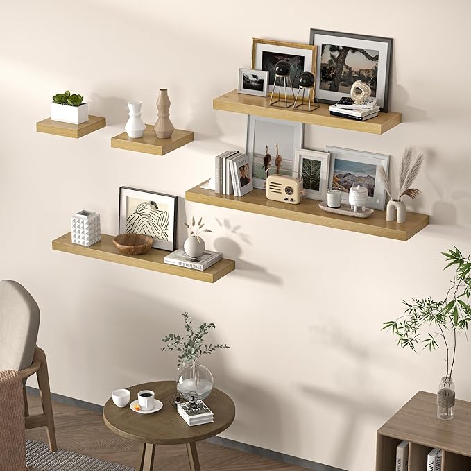 Square Floating Shelves for Wall, 10" W x 10" D x 1.2" H, Small Wooden Wall Mounted Display Shelves with Invisible Brackets for Living Room, Bedroom, Bathroom, Kitchen Decor, Set of 4, Oak-Ruum Studio Home