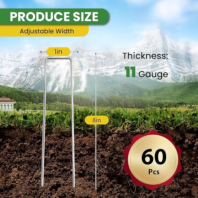 Landscape Staples 8 Inch 60 Pack, Garden Stakes Galvanized Garden Staples 11 Gauge, Plant Cover Stakes for Lawn Weed Barrier-Ruum Studio Home