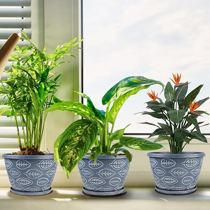 Outdoor Flower Pots for Plants Set of 3 Pack 11 Inch Planter Pot, Large Plastic Plant Pots Indoor Plants with Drainage Holes & Trays, Modern Decorative Garden Containers Sets for House(Blue)-Ruum Studio Home