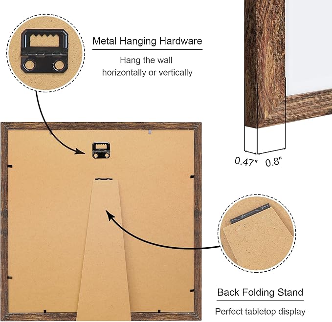 12x12 Picture Frame Set of 4, 12 x 12 Wood Photo Frames with Mat for 10x10 or 30x30cm Diamond Painting Art, Wooden Frame with Real Glass Cover for Wall and Tabletop Display,Rustic Brown-Ruum Studio Home