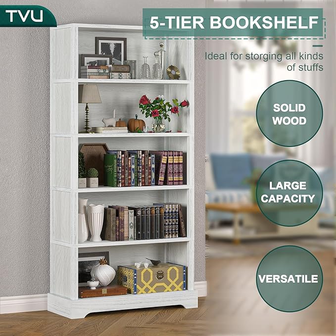 TVU 5-Shelf Wood Bookcase, 65 Inch Tall Bookshelf with Storage, Floor Standing Display Book Shelf，for Living Room Bedroom Study Office，Antique White-Ruum Studio Home
