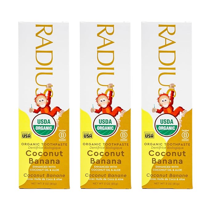 RADIUS USDA Organic Kids Toothpaste 3oz Non Toxic Chemical-Free Gluten-Free Designed to Improve Gum Health for Children's 6 Months and Up - Coconut Banana - Pack of 3-Ruum Studio Home