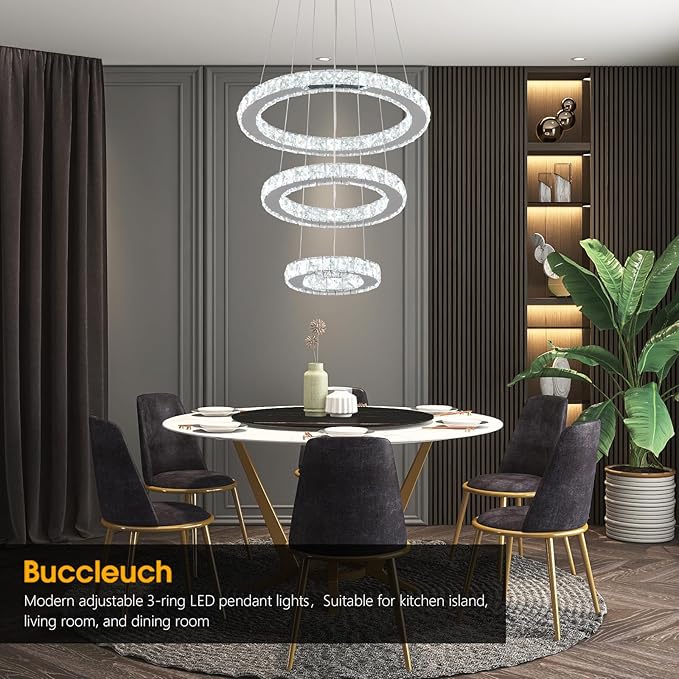 Buccleuch LED Crystal Chandeliers, Dimmable LED Pendant Light Fixture 3-Ring Adjustable Stainless Steel Ceiling Light, Silver Crystal Chandeliers for Dining Room, Bedroom, Living Room - ETL Listed-Ruum Studio Home