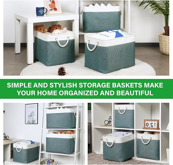 Bidtakay Large Storage Baskets for Shelves 3 Pack Fabric Storage Bins for Organizing Linen Collapsible Organizer for Closet-Deep Green-Ruum Studio Home