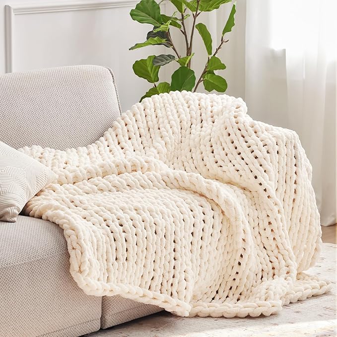 Chunky Knit Throw Blanket, 40''*50'' Knitted Throw Chenille Yarn for Bed Couch, Handmade Cream Crochet Big Thick Blanket, Machine Washable Cute Comfy Blanket for Home Decor-Ruum Studio Home