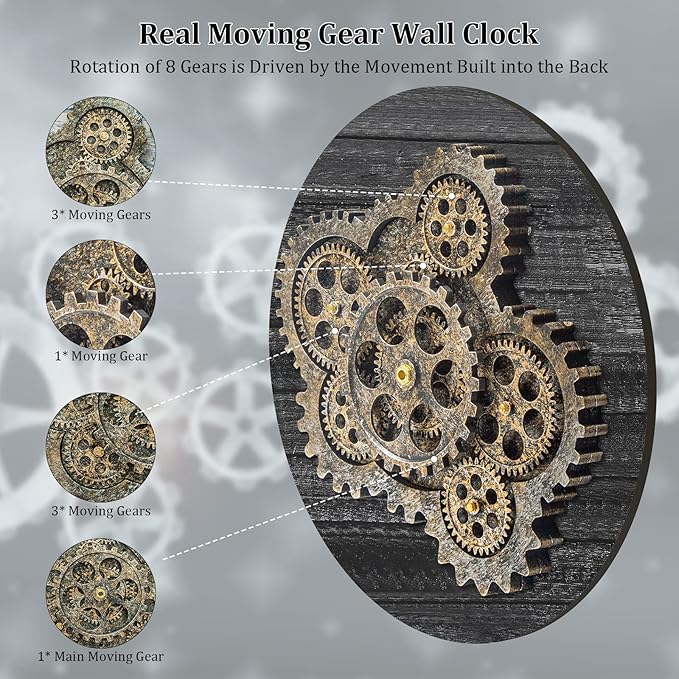 HOIBAI Large Wall Clock, Wall Clocks for Living Room Decor 20 Inch Farmhouse Vintage Rustic Kitchen Wall Decor Vintage Roman Oversized Wall Clock for Home Bedroom House Office, Moving Gears Clock-Ruum Studio Home