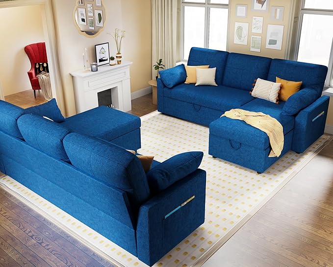 VanAcc Sleeper Sofa - 2 in 1 Pull Out Couch Bed with Storage Chaise for Living Room, Linen Blue-Ruum Studio Home