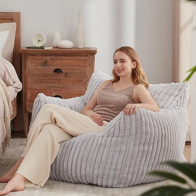 Giant Bean Bag Chairs for Adults Teens, Large Bean Bag Sofa Chairs with Filling Comfy Fuzzy BeanBag Chair with Armrests for Bedroom Living Room Reading (Light Gray, Large)-Ruum Studio Home