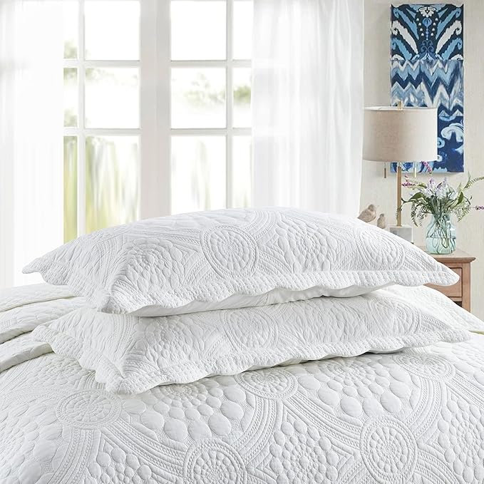 MarCielo 3-Piece 100% Cotton Oversized Bedspread Lightweight Quilt Coverlet Embroidery Farmhouse Bedding (Tf Bright White, Oversized Queen (100"x106"))-Ruum Studio Home