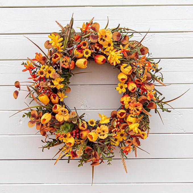 22 Inches Fall Wreaths for Front Door Rustic Autumn Wreath Farmhouse Fall Floral Wreaths with Tulips Orange Wildflowers for Wall Window Porch Indoor Outside-Ruum Studio Home