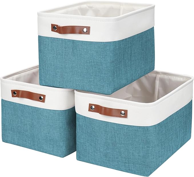 Storage Bins Large Fabric Storage Baskets for Shelves 3 Pack, Decorative Linen Closet Baskets with Handles for Organizing, Shelf, Clothes, Home, Office, 15x11x9.5Inches (Teal&White)-Ruum Studio Home