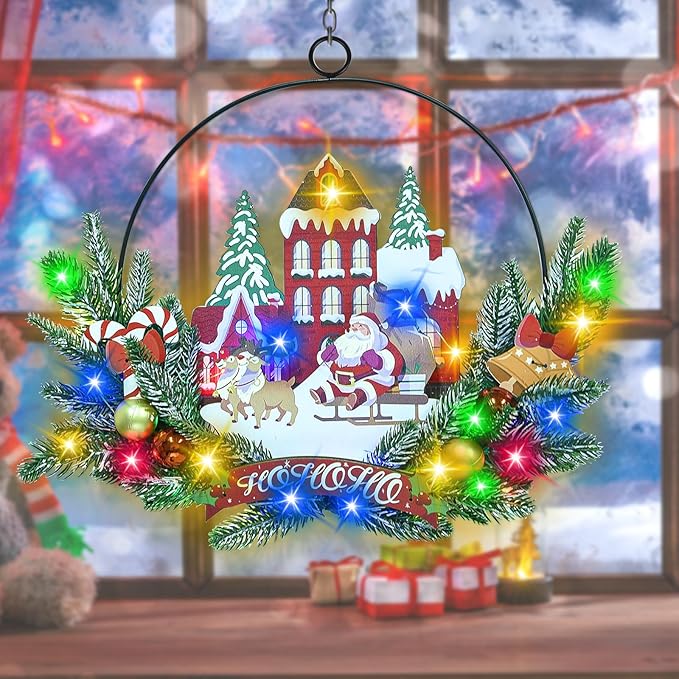 Light up Christmas Wreaths for Front Door, Welcome Metal Wooden Door Wreath Decor Hanging Sign, 30 LED Lighted Wall Decor Battery Operated for Halloween Indoor Outdoor (Santa Claus)-Ruum Studio Home