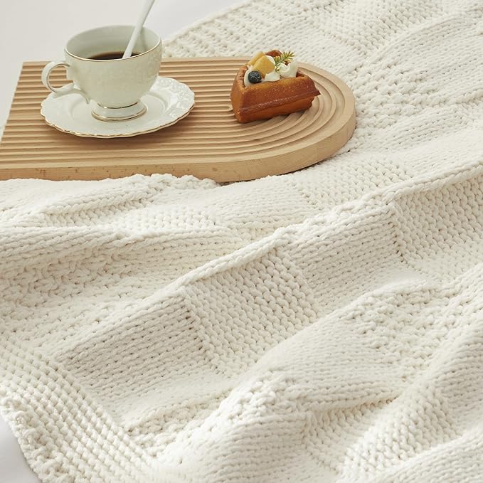 Amélie Home Chenille Knit Throw Blanket for Couch, Checkered Texture Decorative Soft Blanket for Sofa, Bed & Living Room, 50"x60", Ivory-Ruum Studio Home