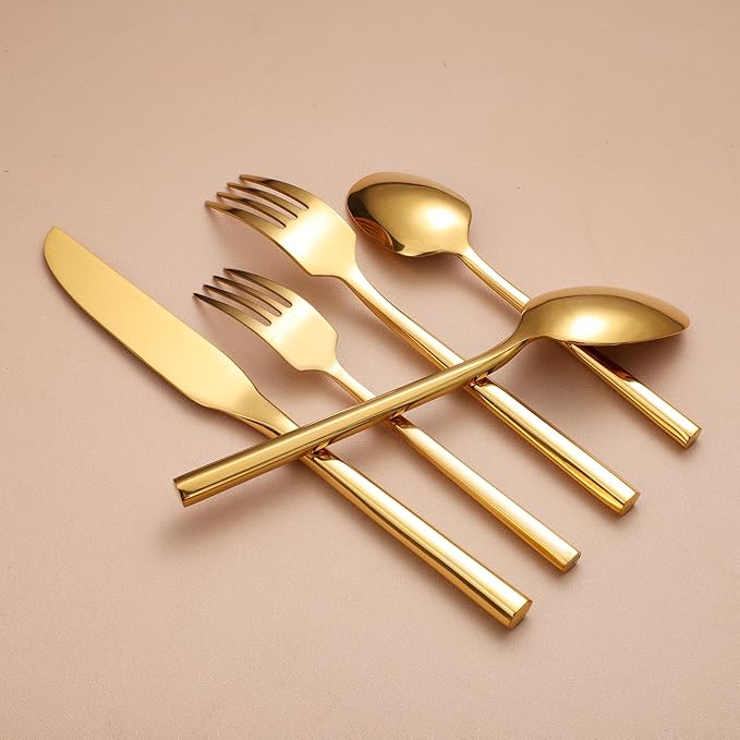 Mirror Silverware Set Gold Flatware Set with Hexagon Handle 20 Pieces 18/0 Stainless Steel Cutlery Set Wedding Housewarming Gift Service for 4 (Mirror gold)-Ruum Studio Home