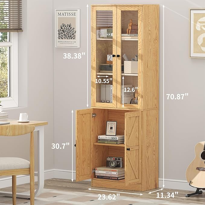 Bookcase with Doors, Tall Cabinets Storage Shelves, 5 Tier Bookshelf with Storage Cabinet, Light Wood Rustic Display Shelf Home Decor Furniture for Office, Living Room, Bedroom, Kitchen, Dining Room-Ruum Studio Home