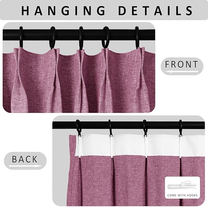 Macochico Pinch Pleated Blackout Linen Curtains 96 Inches Long 100% Light Blocking Burlap Curtains for Bedroom Living Room Thermal Window Panels with Tieback 72”Wx96”L Lilac 1 Panel-Ruum Studio Home