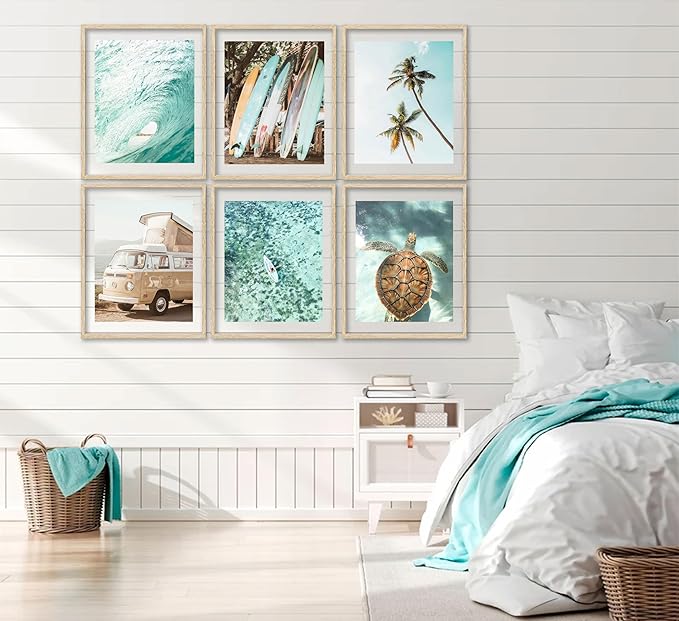 EVPYXFUT Set of 6 Tropical Beach Canvas Wall Art Surf Poster Summer Ocean Coastal Pictures Turtle Print Palm Tree Surfboard Gallery Paintings Nautical Bus Wall Decor for Bedroom Bathroom Unframed-Ruum Studio Home
