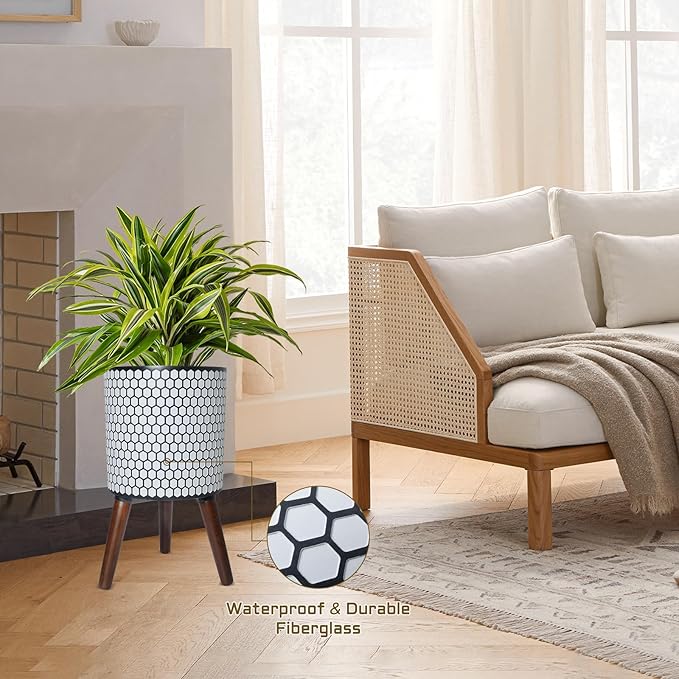 Flower Pot with Legs Tall Flower Pot with Drainage Holes for Indoor and Outdoor Decorative Planting (White Black Honeycomb, 12 Inches)-Ruum Studio Home