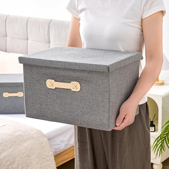 Enzk&Unity Decorative Storage Boxes with Lids, 3 Pack Grey Fabric Storage Bins with Handle, Foldbale and Stackable Storage Boxes for Shelf, Closet, Bedroom, Living Room-Ruum Studio Home