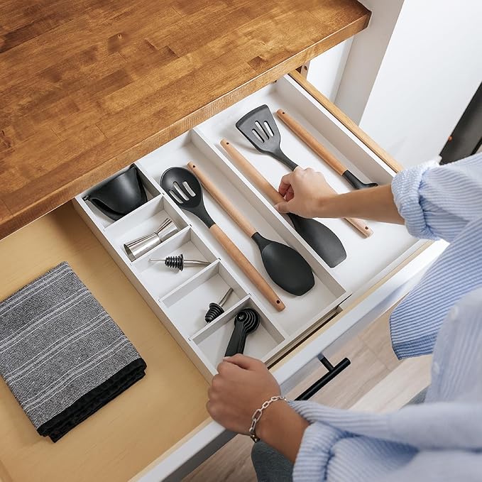 Adjustable Kitchen Drawer Organizer for Utensils and Junk, Food-Safe Contract Grade with 100% Sustainable Wood, Expandable from 10.5 to 19 Inches Wide - White Bamboo-Ruum Studio Home