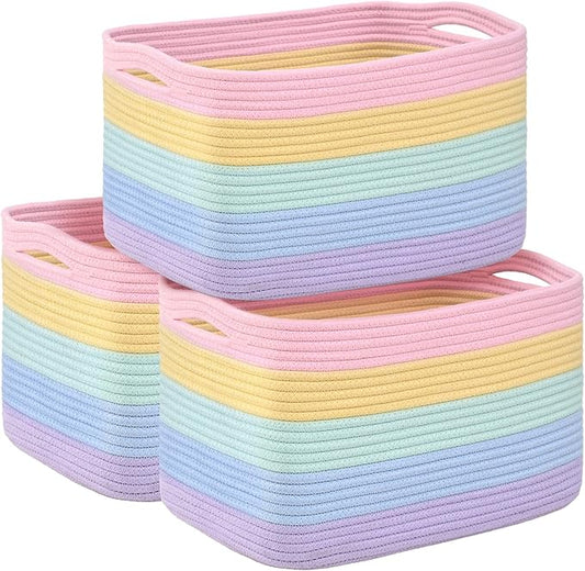 Shelf Baskets for Organizing, Woven Storage Basket for Shelves，Cotton Rope Storage Bins for Toys Books, Nursery Towel Baskets for Classroom, 14.96"X9.8"X8.85", 3-Pack Pastel Rainbow-Ruum Studio Home
