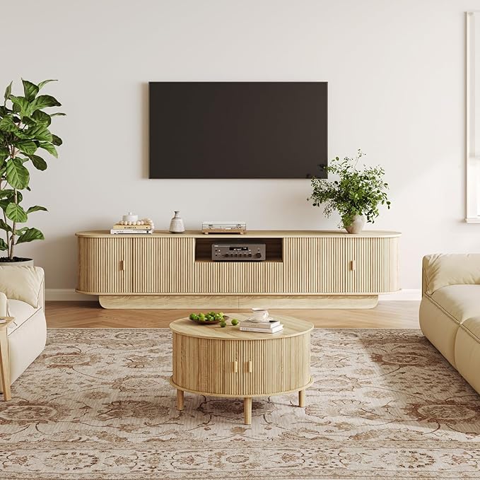Round Coffee Table with Storage,Fluted Table with 360°Curved Sliding Doors,Solid Wood Legs, Mid Century Modern Center Table for Living Room,Apartment, Home Office,Oak,Natural-Ruum Studio Home
