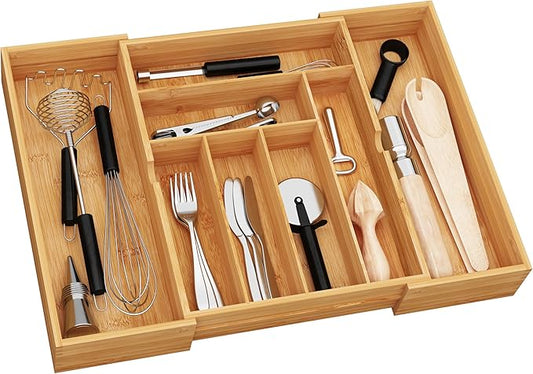 BAMEOS 3" Deepth Expandable Drawer Organizer, Deep Flatware Organizer, Adjustable Silverware Organizer, Bamboo Drawer Organizer for Kitchen, Bathroom (Natural)-Ruum Studio Home
