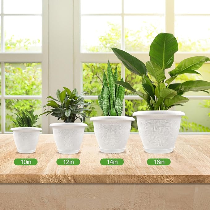 Plastic Flower Pots Planters for Indoor Plants, 4 Pack 14 Inch White Plant Pots with Drainage Hole & Tray, Modern Decorative Large Plant Pot with Saucer for Indoor Outdoor Plants Garden House Planter-Ruum Studio Home