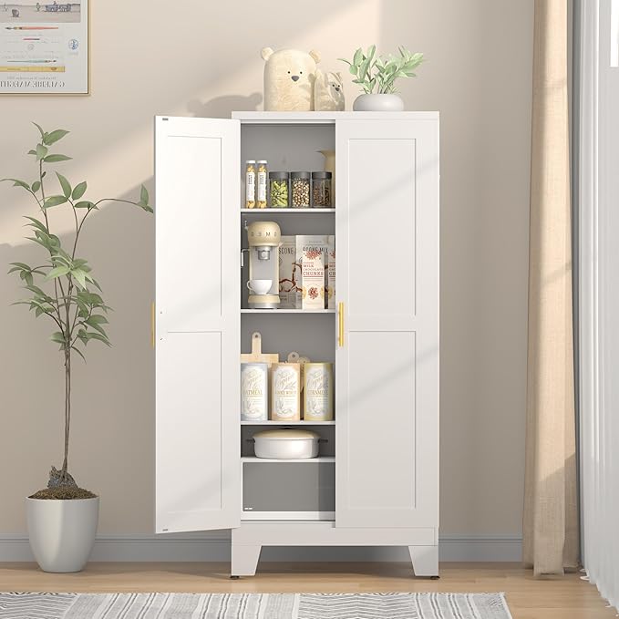 61.02" Pantry Cabinet, Kitchen Pantry Storage Cabinets with Adjustable Shelves and Feet, White Pantry Storage Cabinet for Kitchen, Dining Room, Living Room and Bathroom (White) Metal-Ruum Studio Home