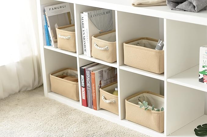 Organization and Storage Basket for Gifts Empty - 12x8x5.2 inch Small 6 Pack Collapsible Storage Box for Organizing, Fabric Storage Cubes for Cloth Books Laundry Canvas(Beige)-Ruum Studio Home