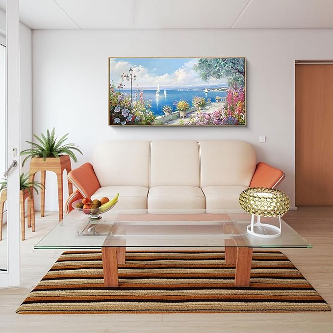 XLSJERST Blue Coastal Wall Art - Ocean Seascape Canvas Yellow Green Flowers Painting Landscape Sailboat Picture Artwork Modern Large Framed for Living Room Bedroom Home Office Decor 20"x40"-Ruum Studio Home