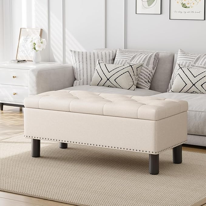 Furniliving 42” Ottoman Bench with Storage, Folding Storage Ottoman Benches with Wood Legs, Upholstered Bedroom Bench with Button-Tufted, Entryway Bench for Bedroom, Linen, Beige-Ruum Studio Home