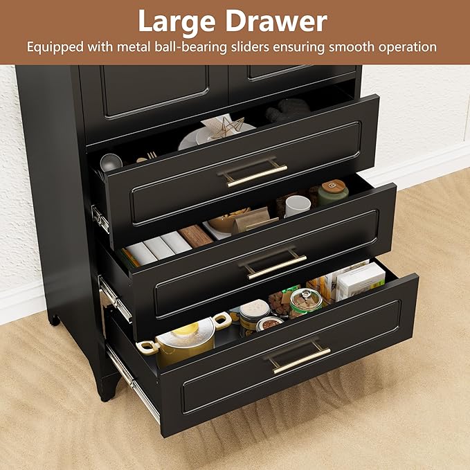 Kitchen Pantry Cabinet, 75" Tall Pantry Cabinet with Three Drawers, Freestanding Food Cupboard with Doors and Shelves, Metal Storage Cabinets for Dining, Living Room, Black, Assembly Required-Ruum Studio Home