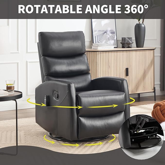 Manual Swivel Rocker Recliner Chair for Adults, Overstuffed Reclining Glider Chair for Nursing with Vibration Massage & Heat, Living Room Rocking Recliner 3-Stage backrest, Faux Leather Black-Ruum Studio Home