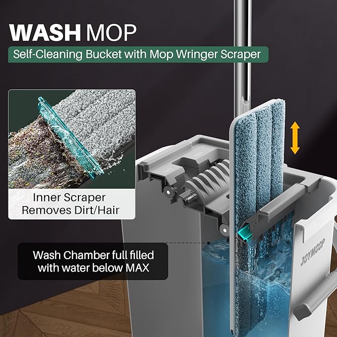 JOYMOOP Mop and Bucket with Wringer Set, Flat Squeeze Mop Flat Head, Dust Mops for Wall Cleaner with Long Handle, Hands-Free Microfiber Mops for Floor Cleaning - White-Ruum Studio Home