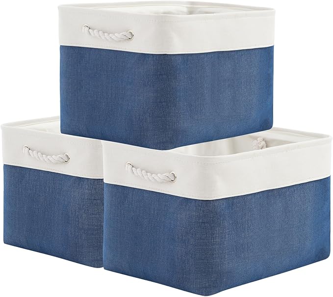 TheWarmHome Organization and Storage for Organizing - 3 Pack 16x12x12 inch Cube Storage Bin for Shelves, Fabric Storage Cubes for Closet Cloth Organizer Gift Toy (White & Jean Blue)-Ruum Studio Home