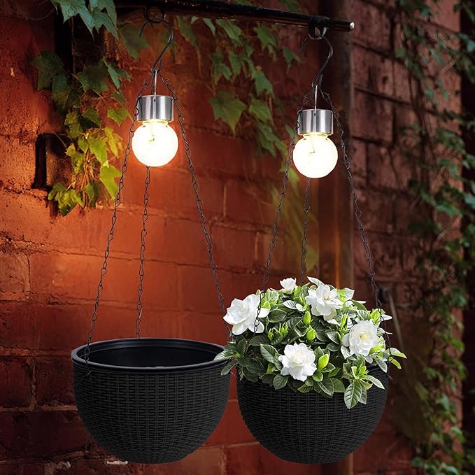 Hanging Baskets for Plants Outdoor - 2 Pack Black Plastic Solar Flower Pots with Drainage Holes & Removable Saucer, Self-Watering Hanging Planters for Garden, Porch, Balcony, Patio-Ruum Studio Home