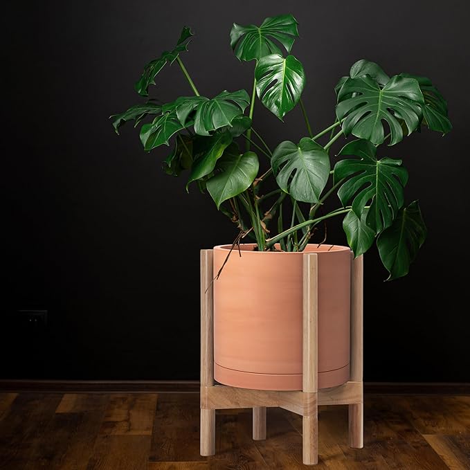 D'vine Dev Terracotta Planter with Natural Stand - 12 Inch Modern Round Flower Pot with Wood Planter Holder, Terracotta, 55-B-J-5-Ruum Studio Home