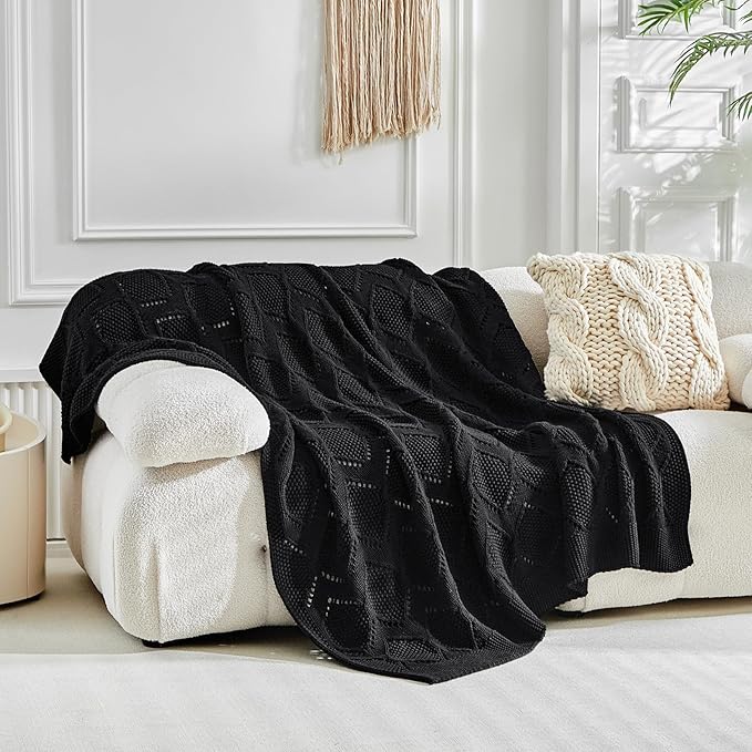 Longhui bedding Chunky Cotton Knit Throw Blanket for Couch, Sofa, Bed, or Chair, Decorative Breathable Fall Cable Knit Blanket 51 x 63 Inches, Medium Weight Black-Ruum Studio Home