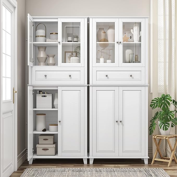 76'' Kitchen Pantry Storage Cabinet, Freestanding Kitchen Cupboard with Large Drawer, Doors, and Adjustable Shelves, Bathroom Storage Cabinet for Dining Room, Living Room, Laundry, White-Ruum Studio Home
