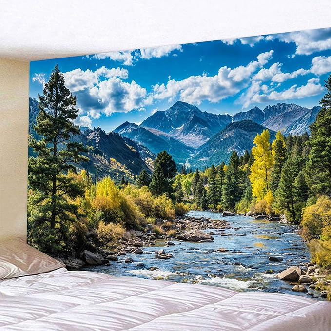 AMM Nature Forest Mountain Tapestry Green Pine Tree Tapestry for Bedroom Aesthetic White Clouds Flowing River Landscape Classroom Tapestries Wall Hanging for Living Room Dorm Office-Ruum Studio Home